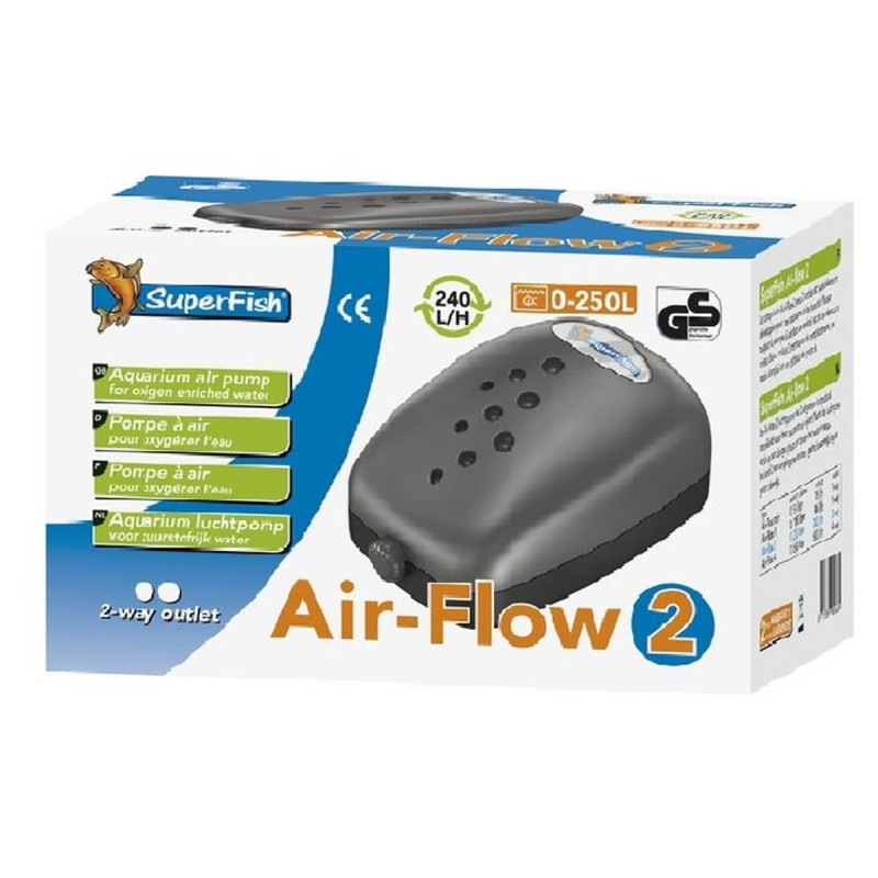 Superfish pompe à air Air-Flow 2 240l/h pour aquarium de 250 litres (2 sorties)